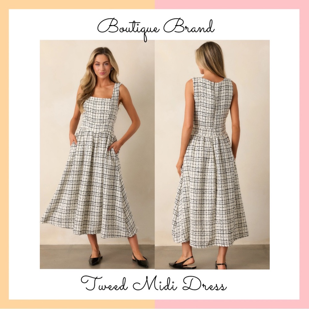 Lulu's Black & White Tweed Square-Neck Midi Dress